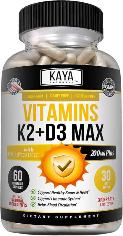 Kaya Naturals Vitamin K2 with D3 5000 IU Bioperine Capsules 60 Count