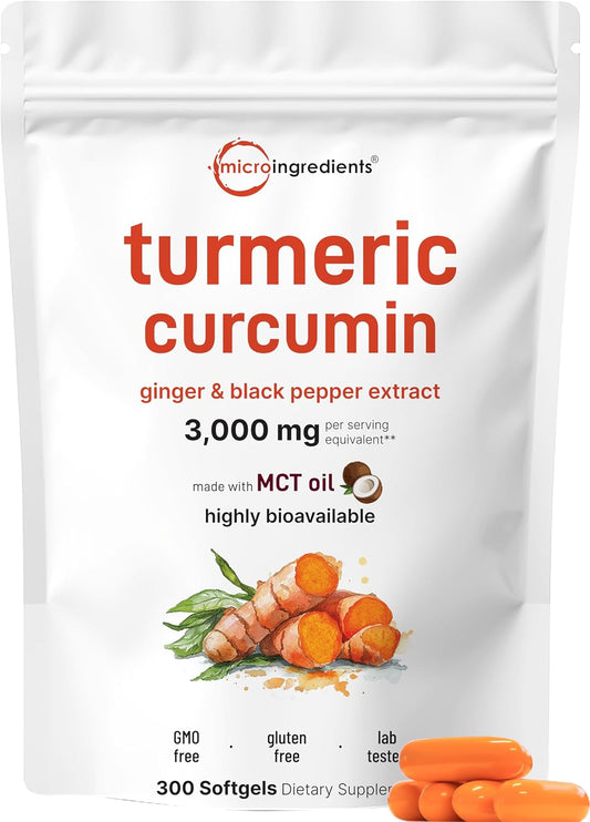 Micro Ingredients Turmeric Curcumin 3,000mg with Black Pepper & Ginger – 95% Curcuminoids, MCT Oil, Non-GMO, 300 Softgels