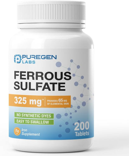 Puregen Labs Ferrous Sulfate 325 mg Iron Supplement 200 Tablets