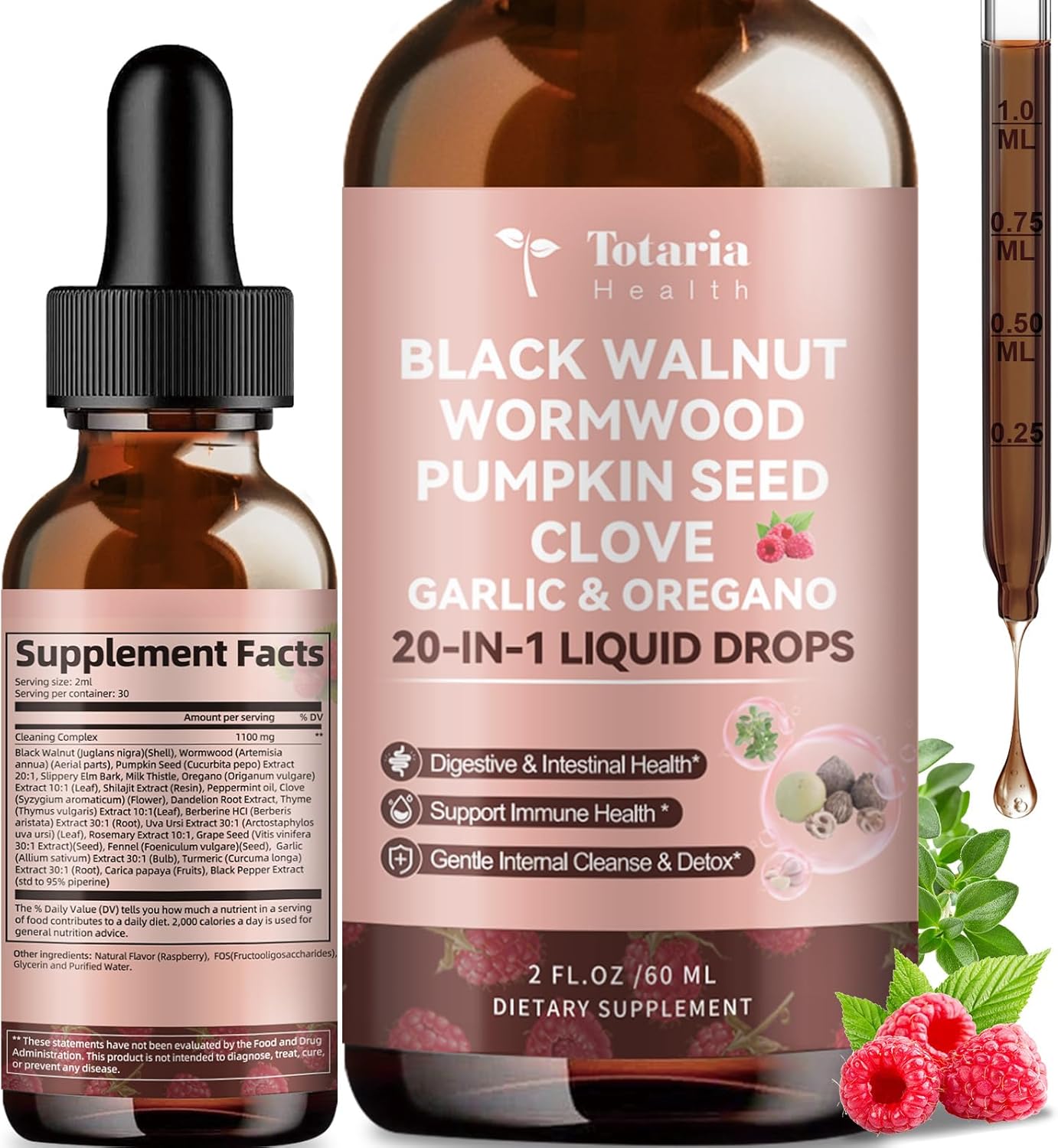 Totaria 20 in 1 Black Walnut Wormwood Tincture - Clove,Pumpkin Seed,Garlic,Oregano,Berberine - Gentle Gut Cleanse & Digestive Health -Raspberry Flavor - 2FL
