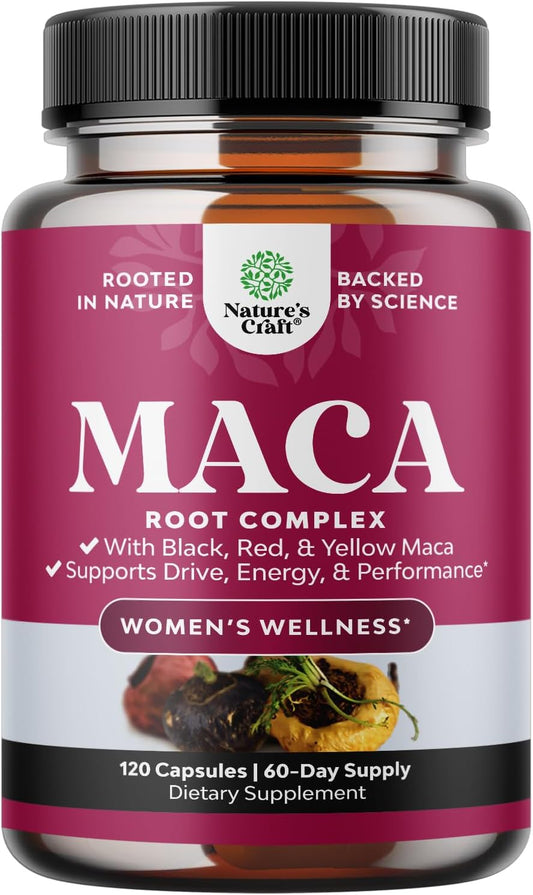 Maca Root Capsules for Women Red Yellow Black Maca Non-GMO Vegan 120 Count