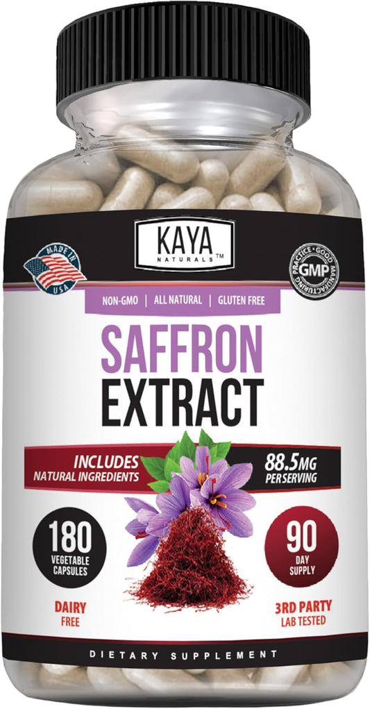 Kaya Naturals Saffron Supplement 100% Pure Extract Non-GMO Gluten-Free 180 Capsules