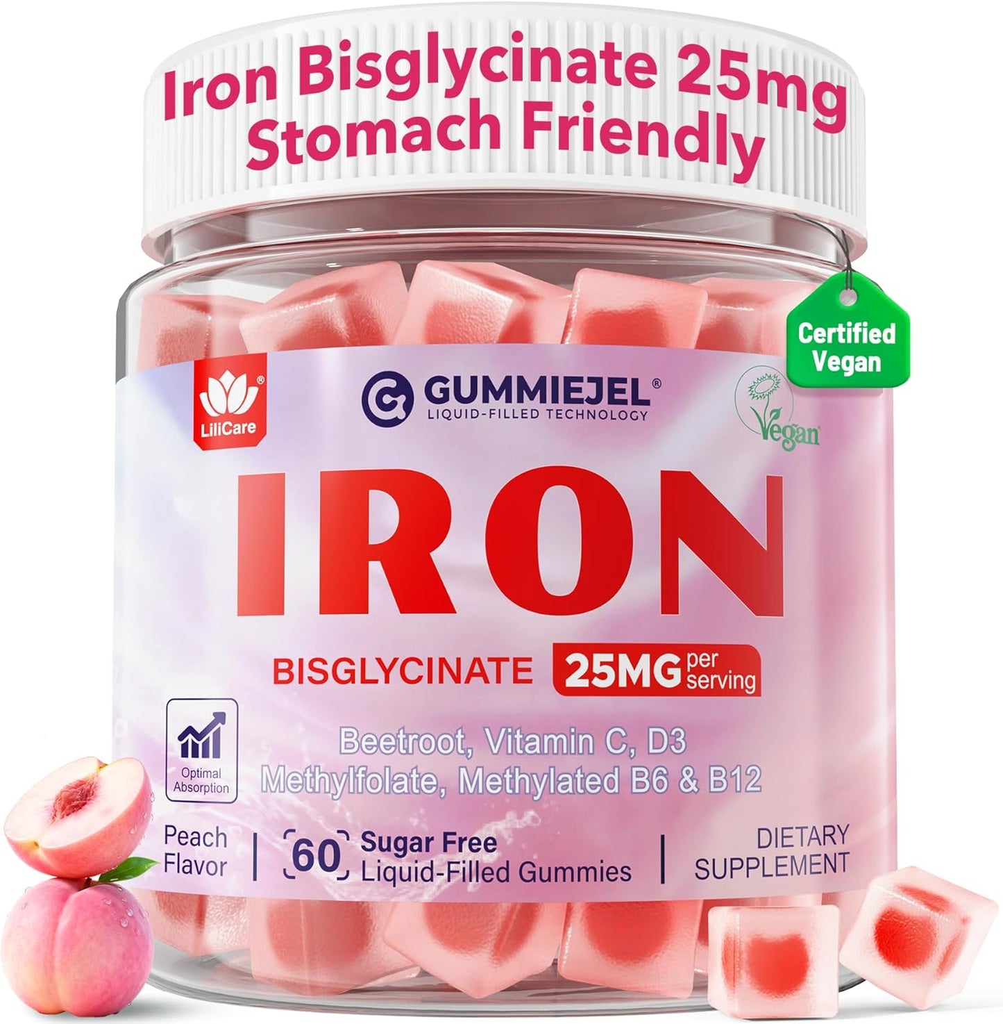 Iron Gummies for Women 25 mg with Vitamin C Beet Root B12 and Folate 60 Count
