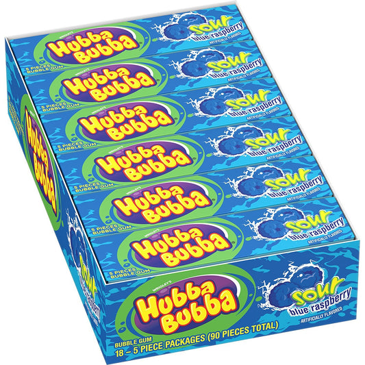 Hubba Bubba Sour Blue Raspberry Bubble Gum 18 Packs 5 Pieces Each