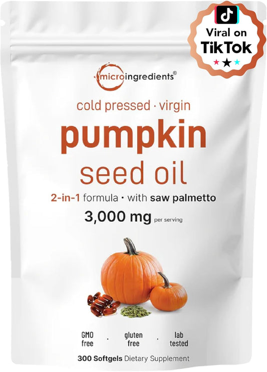 Micro Ingredients Pumpkin Seed Oil with Saw Palmetto – Cold Pressed Virgin Oil with Essential Fatty Acids & Phytosterols, Non-GMO, 300 Softgels