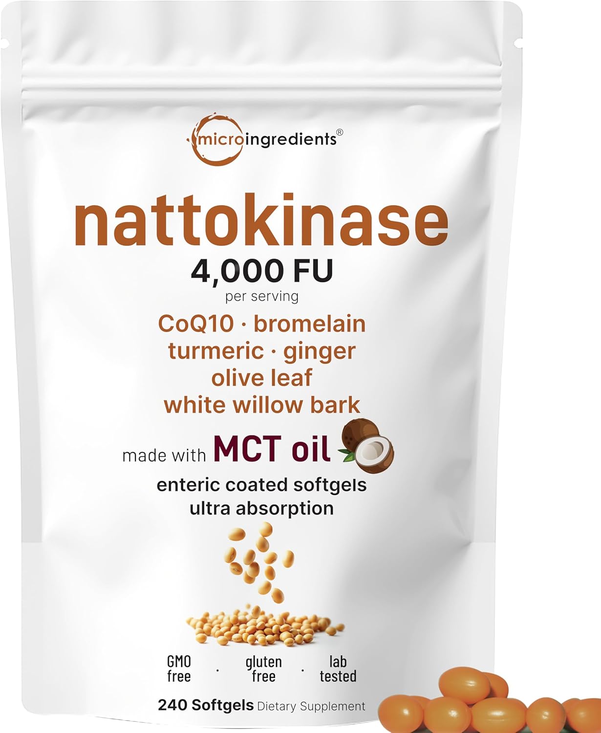 Micro Ingredients Nattokinase 4,000 FU Equivalent with CoQ10, Bromelain, Turmeric & Ginger – 7-in-1 Cardiovascular Support, 240 Softgels