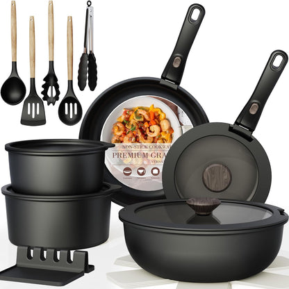 Astercook Non Stick Ceramic Cookware Set with Detachable Handle 21 Piece Black