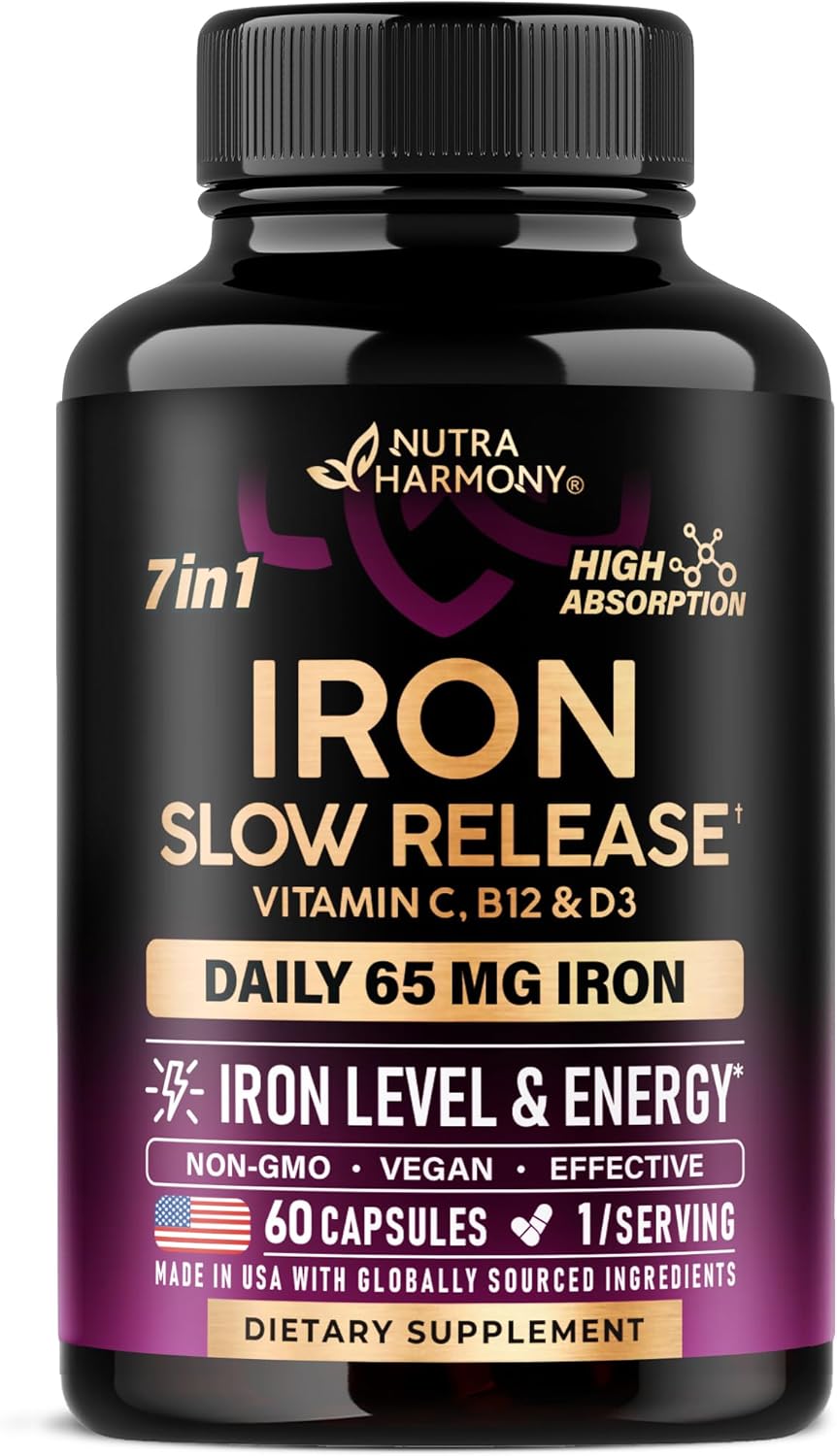 Iron Supplement for Women 65 mg with Vitamin C D3 B6 B12 and Folate 60 Capsules