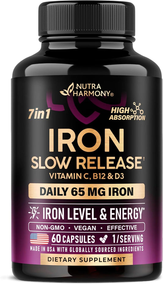 Iron Supplement for Women 65 mg with Vitamin C D3 B6 B12 and Folate 60 Capsules