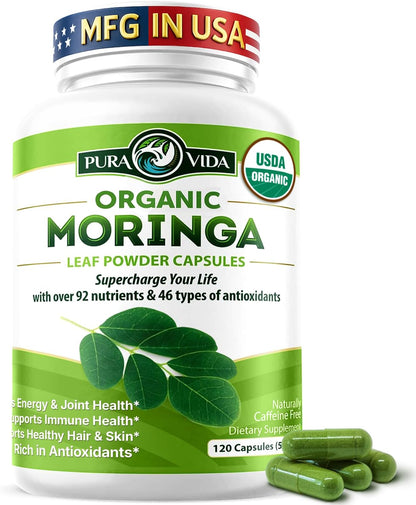 PURA VIDA MORINGA Organic Moringa Capsules 500mg – Pure Leaf Powder for Energy & Wellness Support, 120 Capsules