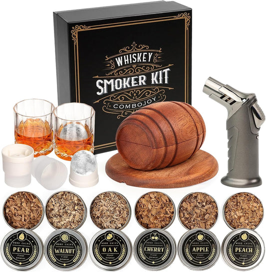 Whiskey Smoker Kit with Torch Wood Chip Flavors Glasses Ice Molds Set