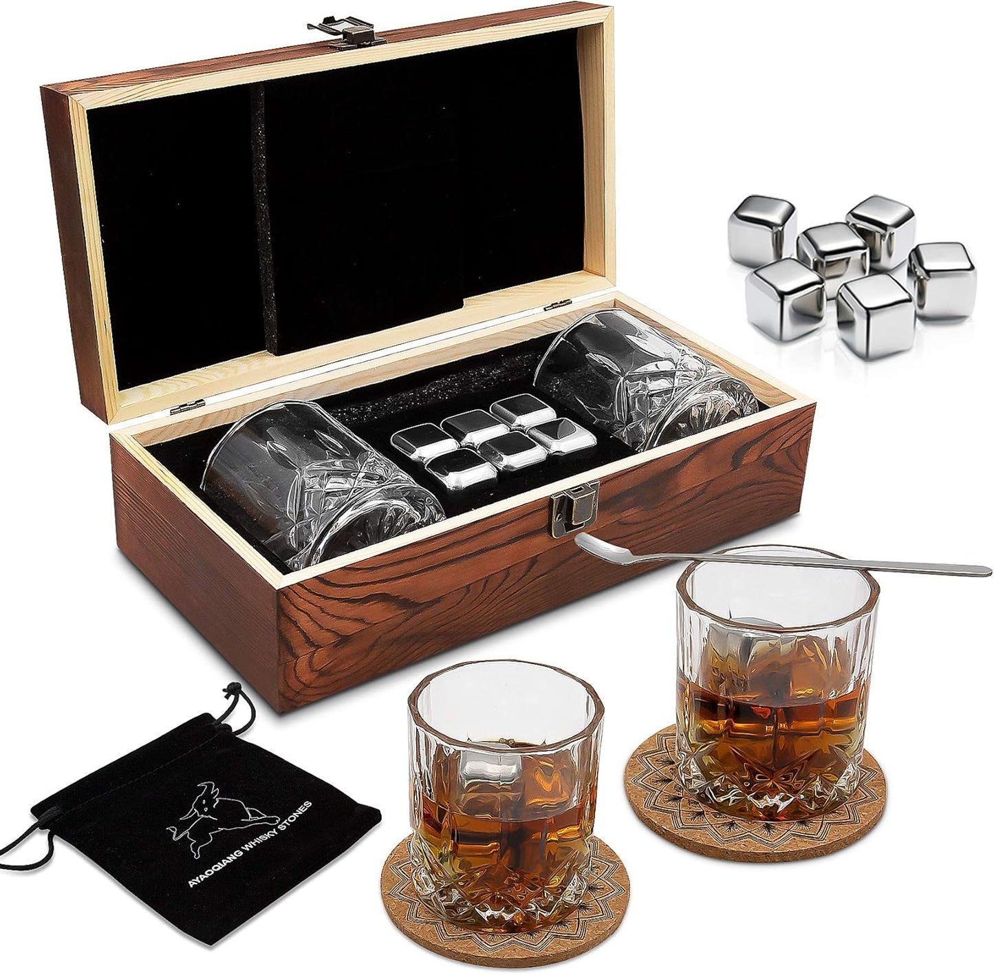 Whiskey Gift Set with Glasses and Stainless Steel Ice Stones 2 Glass Set
