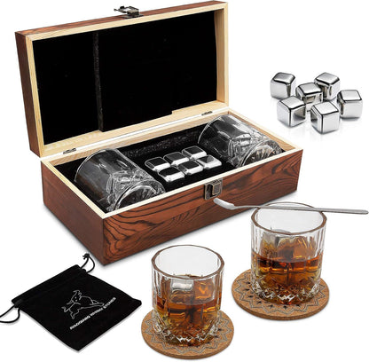 Whiskey Gift Set with Glasses and Stainless Steel Ice Stones 2 Glass Set