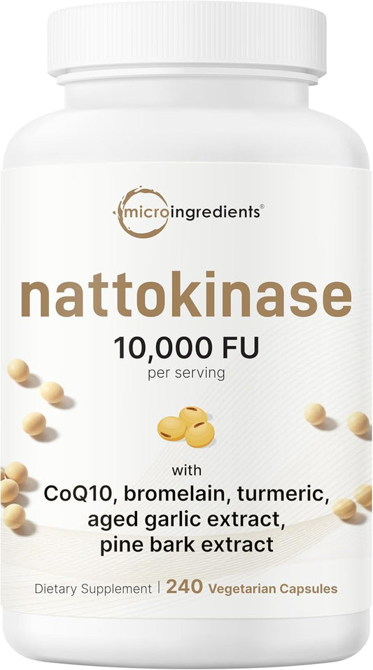 Micro Ingredients Nattokinase 10,000 FU with CoQ10, Turmeric, Aged Garlic & Pine Bark – Non-GMO, Lab Tested, 240 Veg Capsules