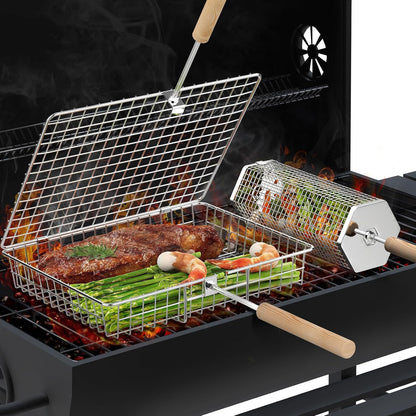 Ivtivfu Rolling Grill Baskets Stainless Steel with Removable Wooden Handle Set
