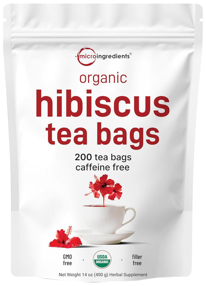 Organic Hibiscus Tea Bags 200 Count Caffeine Free Non-GMO Herbal Tea