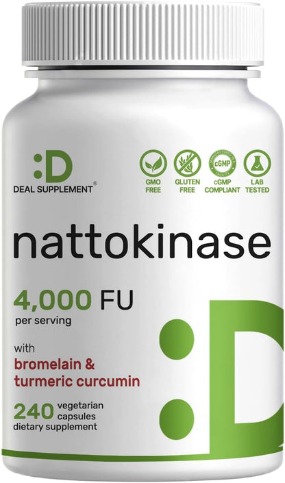 Deal Supplement Nattokinase 4,000 FU with Bromelain, Turmeric Curcumin & Black Pepper – Vegan, Non-GMO, 240 Veg Capsules