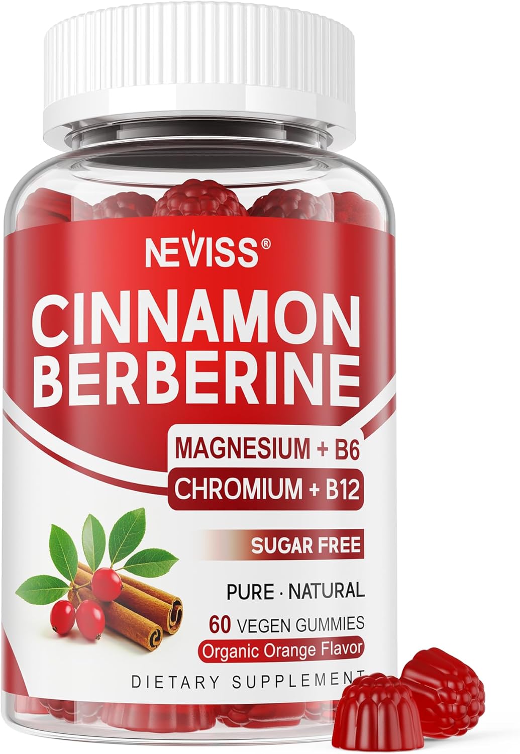 Berberine Gummies Ceylon Cinnamon Bitter Melon Chromium Magnesium B6 B12 Vegan 60 Count