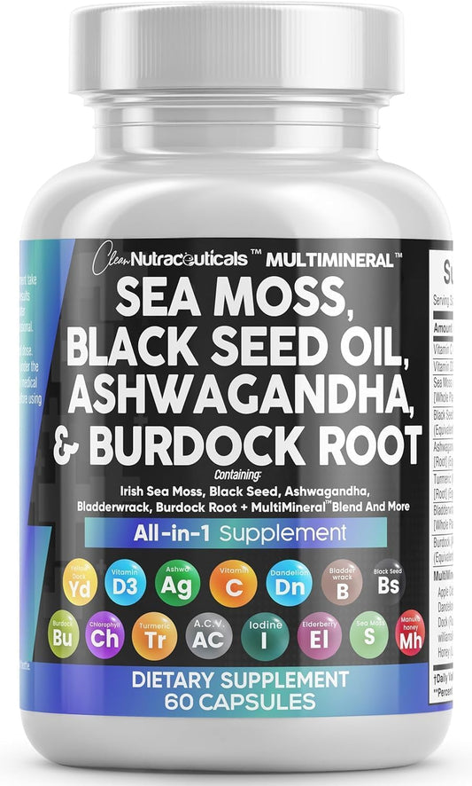 Clean Nutraceuticals Sea Moss & Herbal Supplement with Vitamins C D3 Elderberry 60 Count
