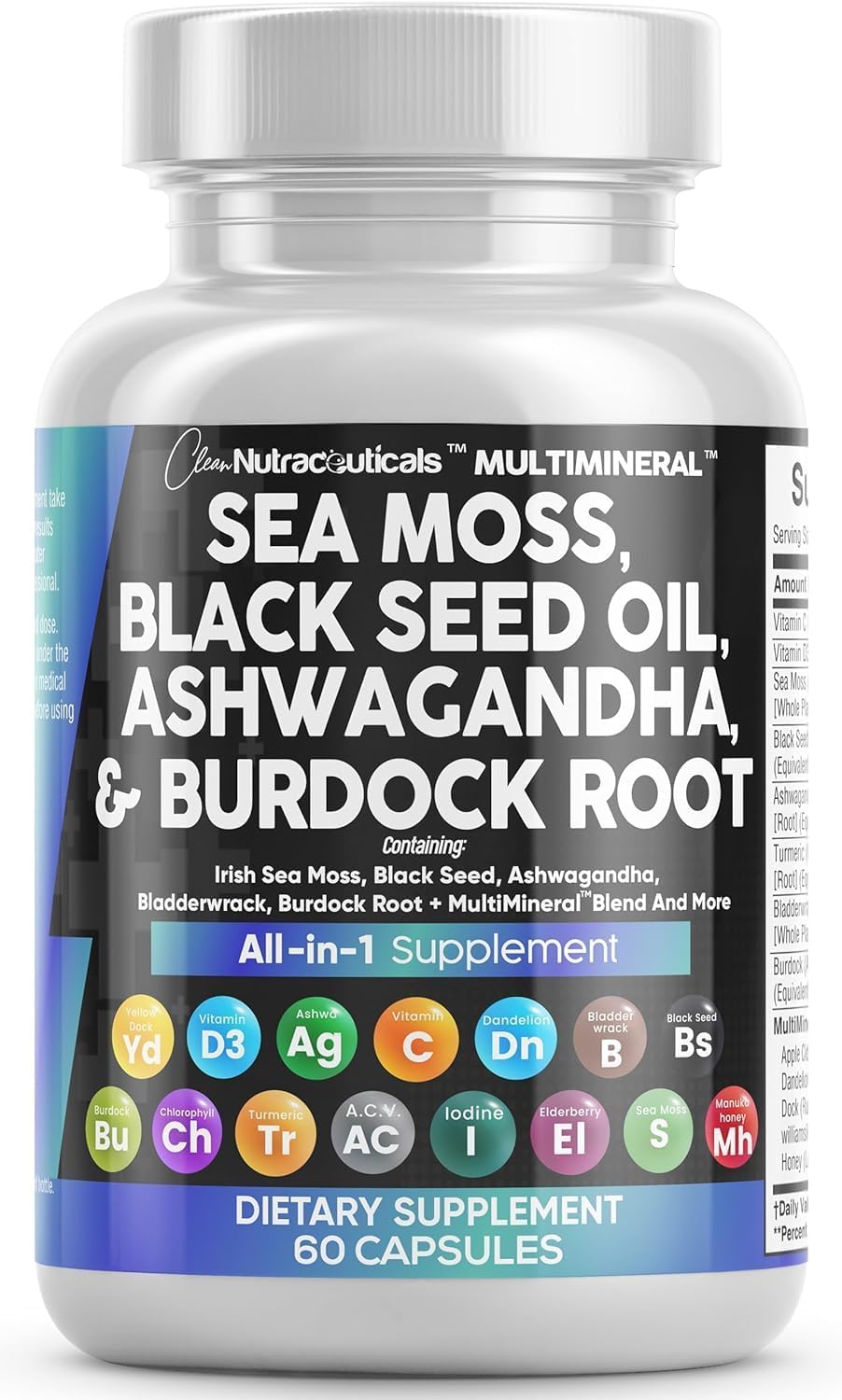 Clean Nutraceuticals Sea Moss & Herbal Supplement with Vitamins C D3 Elderberry 60 Count