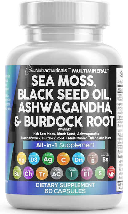 Clean Nutraceuticals Sea Moss & Herbal Supplement with Vitamins C D3 Elderberry 60 Count