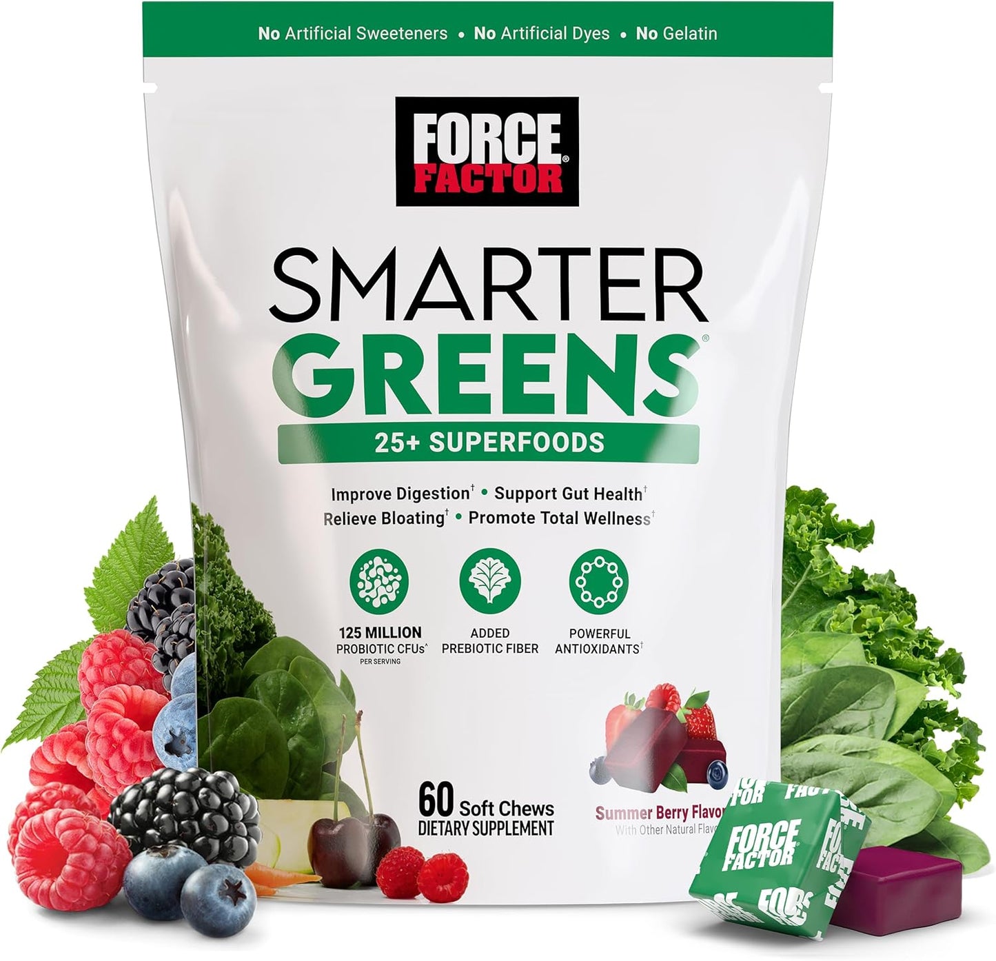 Force Factor Smarter Greens Superfood Chews Probiotics Antioxidants Fiber 60 Count