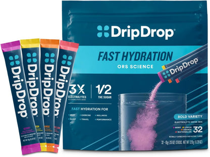 DripDrop Hydration Electrolyte Powder Drink Mix Variety Pack 32 Stick Packets