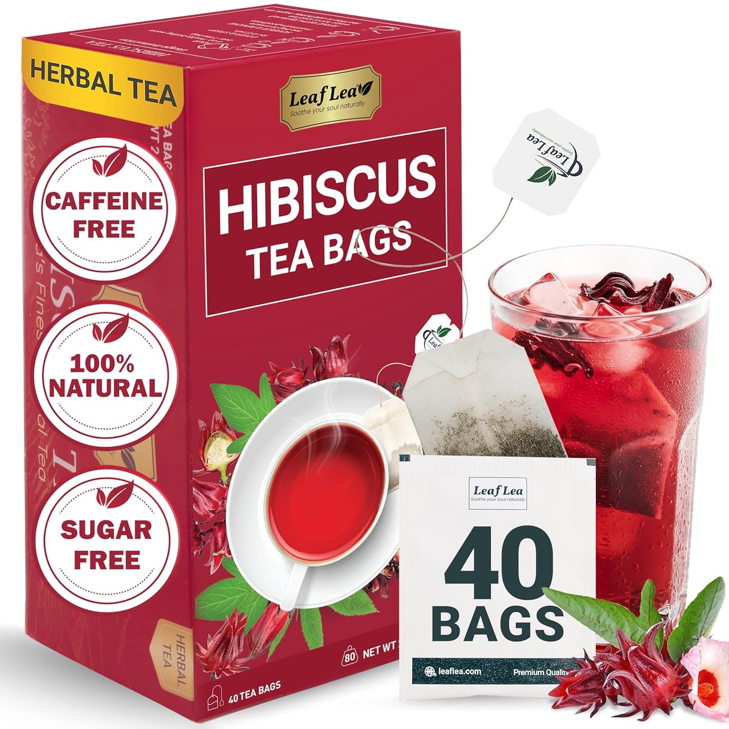 LeafLea Hibiscus Tea Bags 100% Pure Herbal Caffeine Free 40 Count