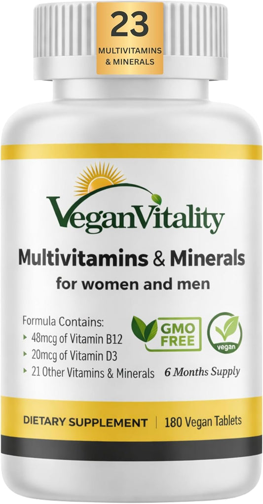 Vegan Vitality Multivitamin Tablets for Women & Men with Vitamin B12, D3 and K2 180 Count