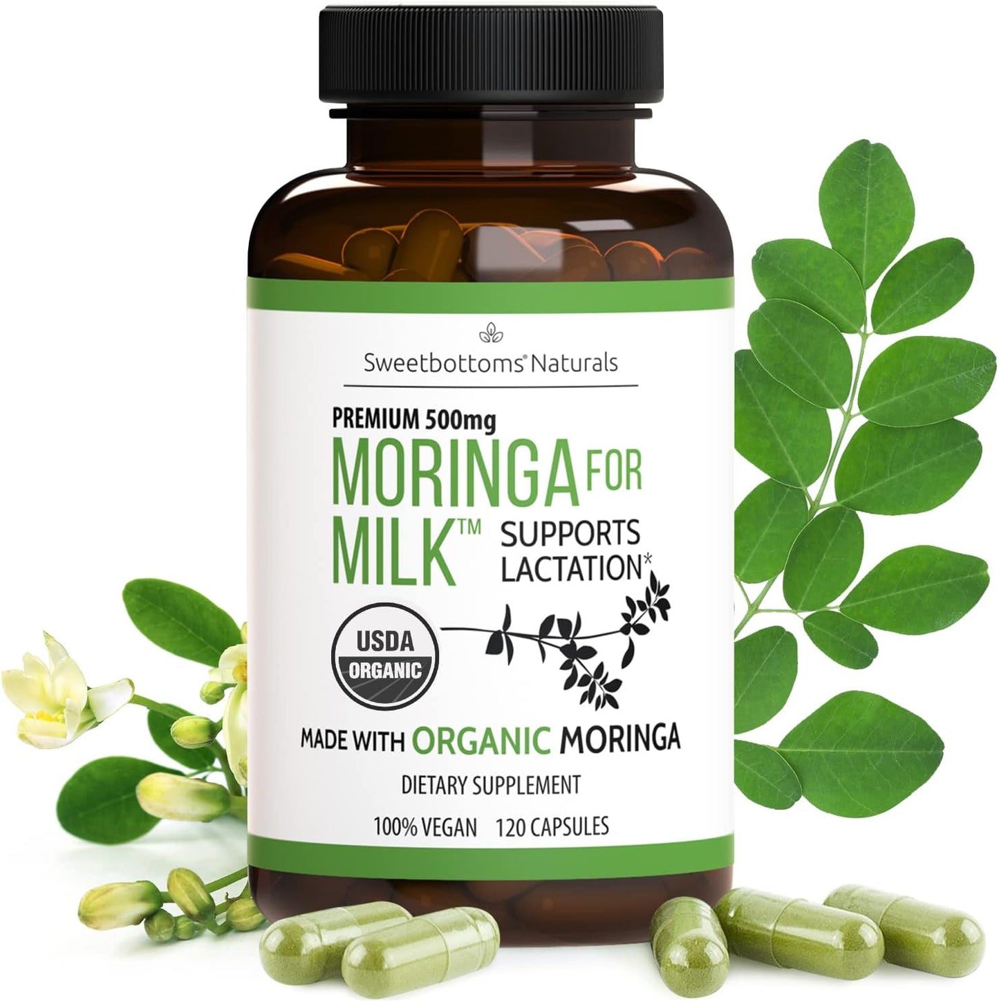 Organic Moringa Lactation Capsules Breastfeeding Support 500 mg 120 Count