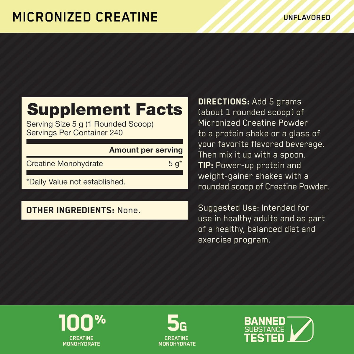 Optimum Nutrition Micronized Creatine Monohydrate Powder Unflavored 240 Servings