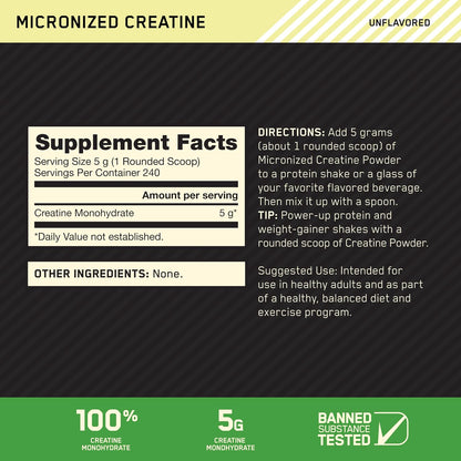 Optimum Nutrition Micronized Creatine Monohydrate Powder Unflavored 240 Servings