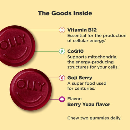 OLLY Daily Energy Gummies Vitamin B12 CoQ10 Goji Berry Berry Yuzu 60 Count