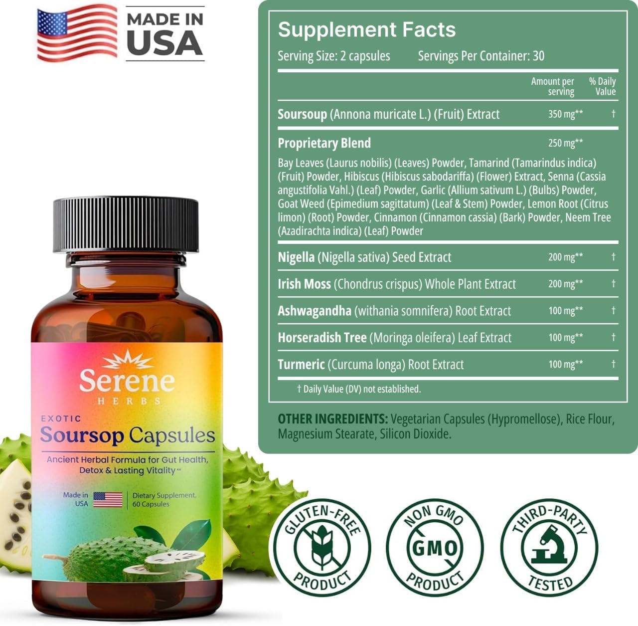 Serene Herbs Organic Graviola Soursop Supplement with Black Seed, Irish Moss & Moringa Vegan Capsules