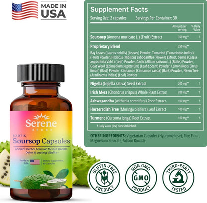 Serene Herbs Organic Graviola Soursop Supplement with Black Seed, Irish Moss & Moringa Vegan Capsules