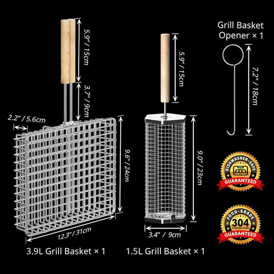 Ivtivfu Rolling Grill Baskets Stainless Steel with Removable Wooden Handle Set