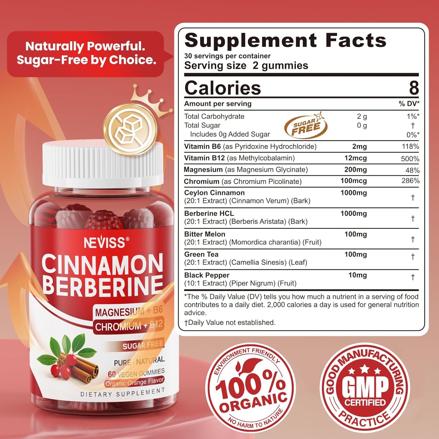 Berberine Gummies Ceylon Cinnamon Bitter Melon Chromium Magnesium B6 B12 Vegan 60 Count