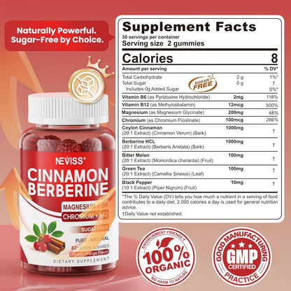 Berberine Gummies Ceylon Cinnamon Bitter Melon Chromium Magnesium B6 B12 Vegan 60 Count