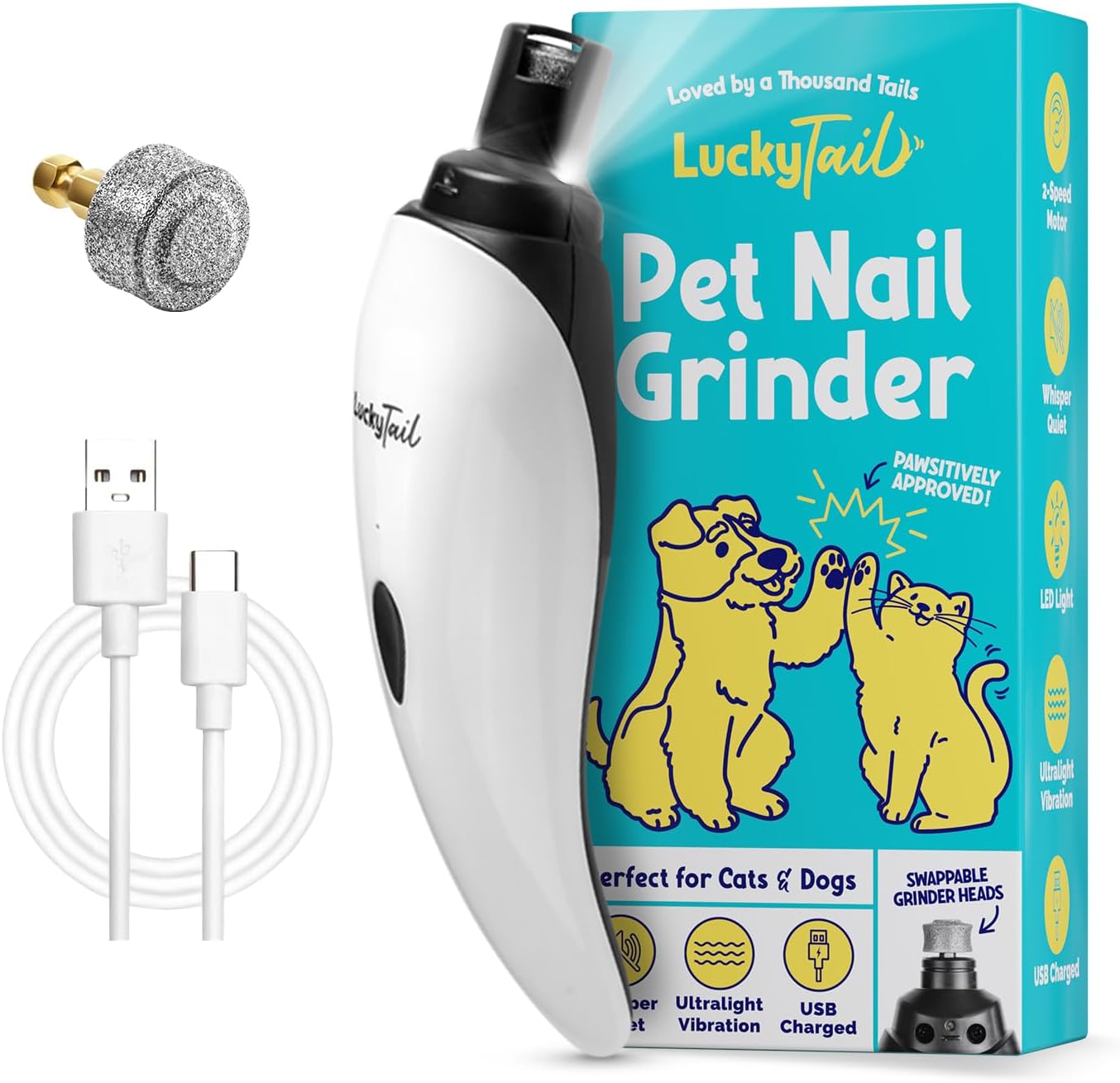 LuckyTail Pet Nail Grinder – USB Rechargeable Dog & Cat Nail Trimmer with LED Lights, 2 Speeds