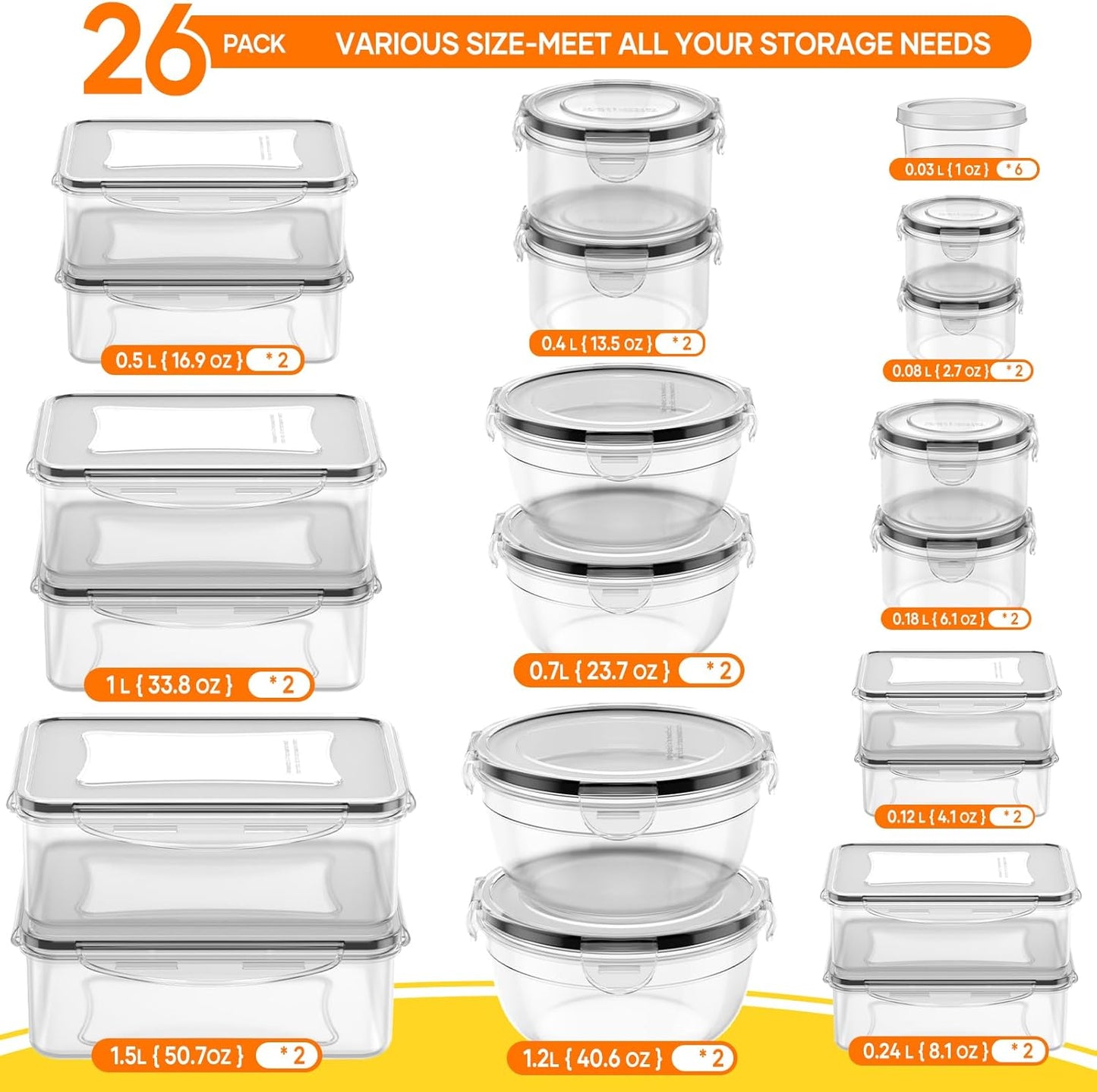 Food Storage Containers Airtight Plastic Meal Prep Set with Lids 52 Piece