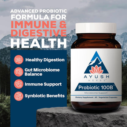 Ayush Herbs Probiotic 100B with Prebiotics Vegetarian Capsules 60 Count