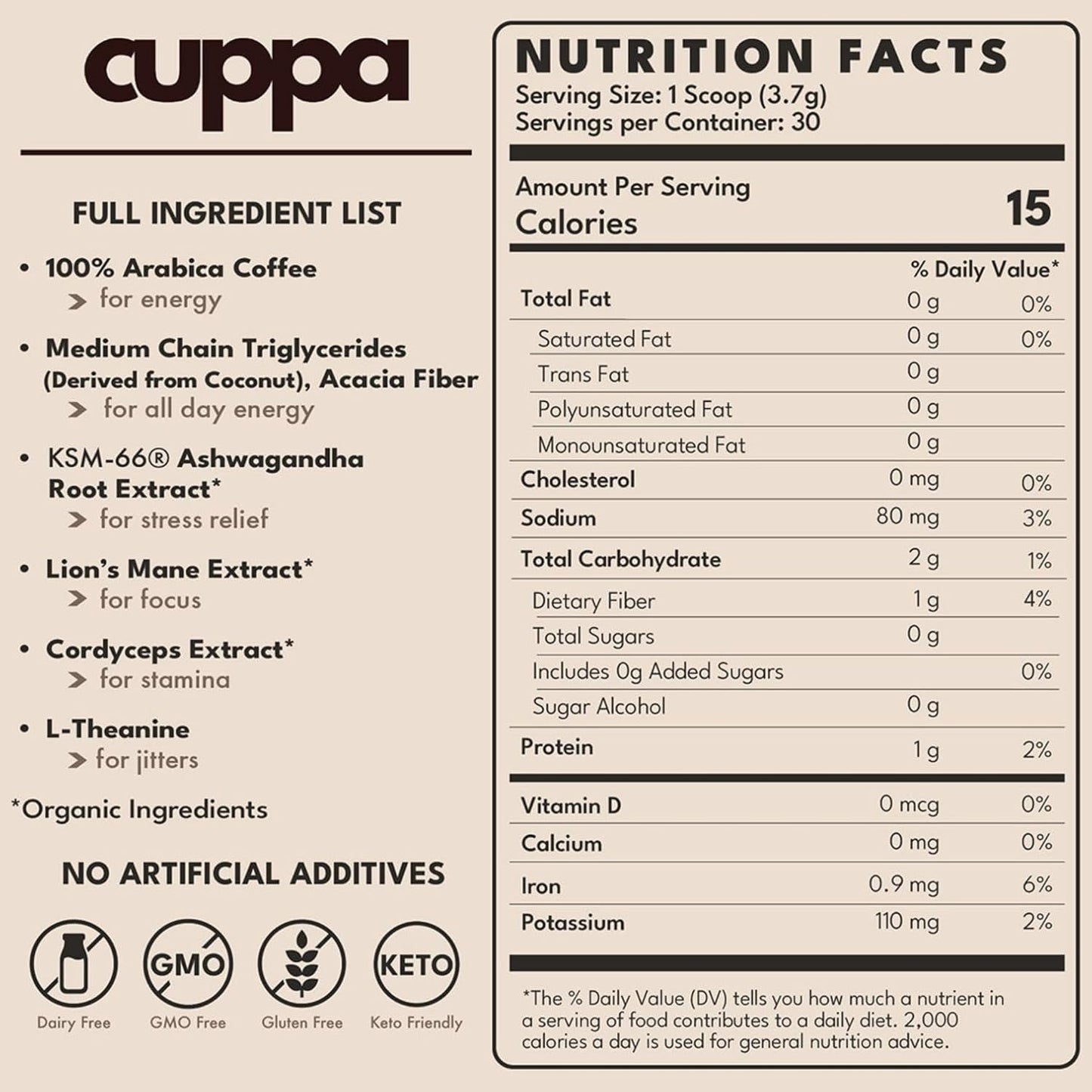 Cuppa Medium Roast Mushroom Coffee with Adaptogens and Superfoods 30 Servings