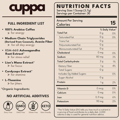 Cuppa Medium Roast Mushroom Coffee with Adaptogens and Superfoods 30 Servings