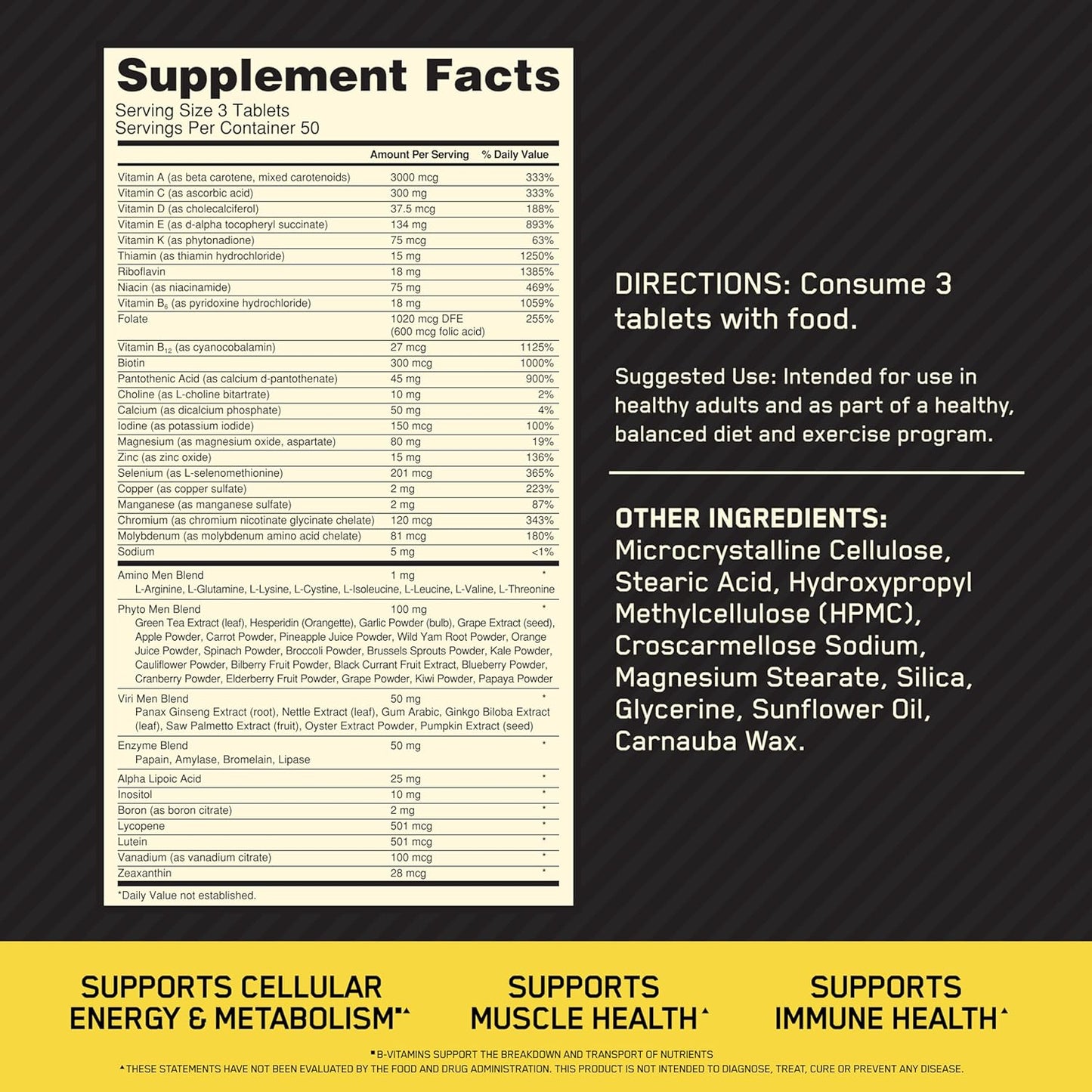 Optimum Nutrition Opti-Men Multivitamin Vitamin C D Zinc 150 Count