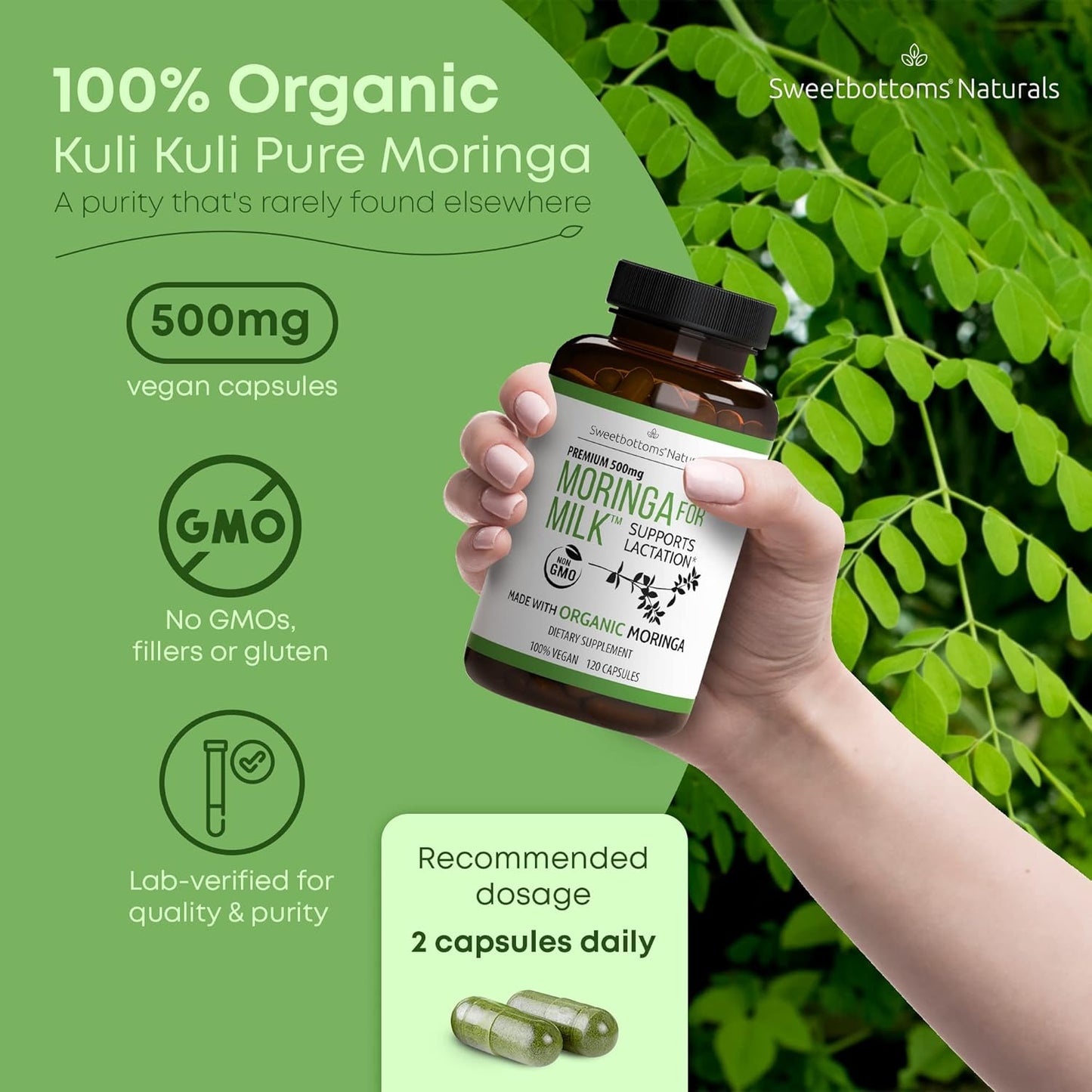 Organic Moringa Lactation Capsules Breastfeeding Support 500 mg 120 Count