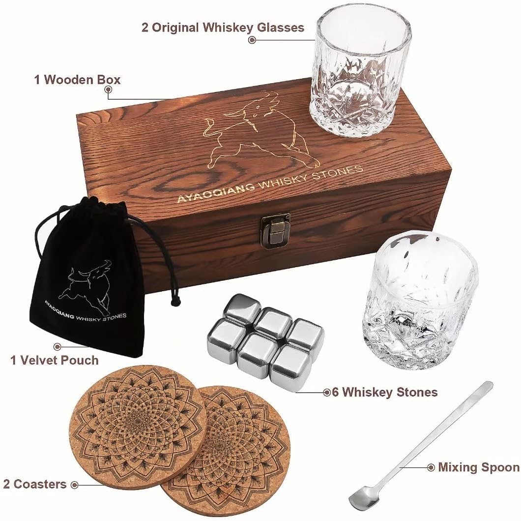Whiskey Gift Set with Glasses and Stainless Steel Ice Stones 2 Glass Set