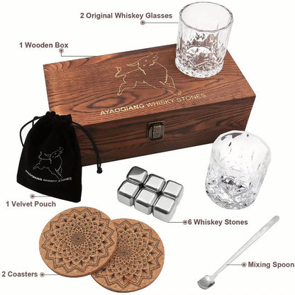 Whiskey Gift Set with Glasses and Stainless Steel Ice Stones 2 Glass Set