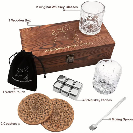 Whiskey Gift Set with Glasses and Stainless Steel Ice Stones 2 Glass Set