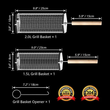 Rolling Grill Basket Set Stainless Steel with Removable Handle BBQ Accessories