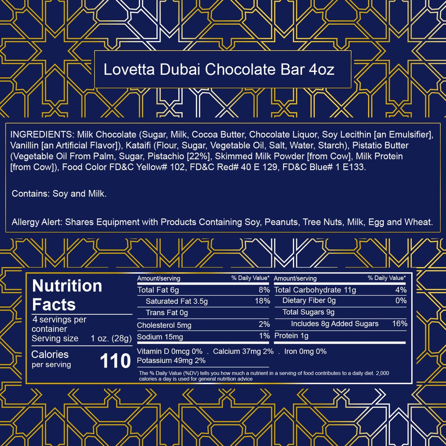 Lovetta Dubai Chocolate Bar Pistachio Knafeh – Luxury Milk Chocolate with Pistachio Cream & Kataifi Filling, 1 Pack